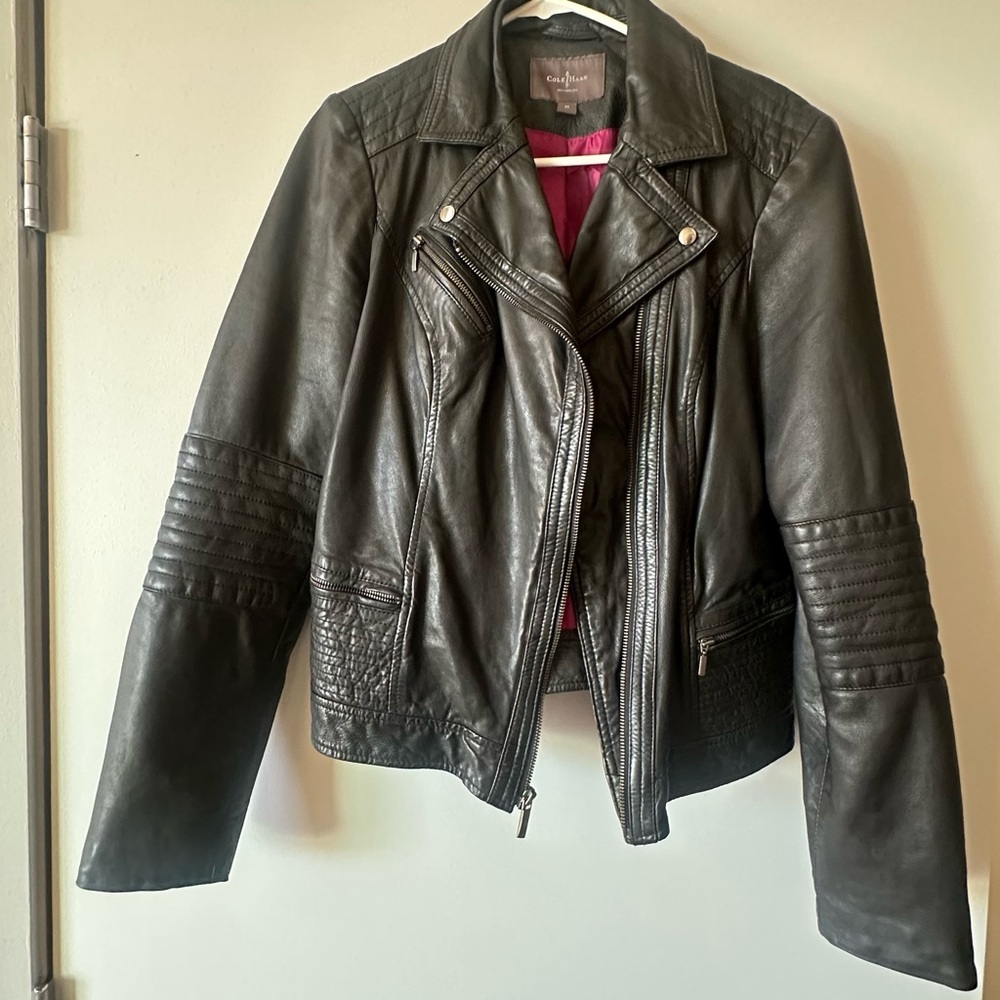 Cole Haan Black Leather Jacket with Pink Lining